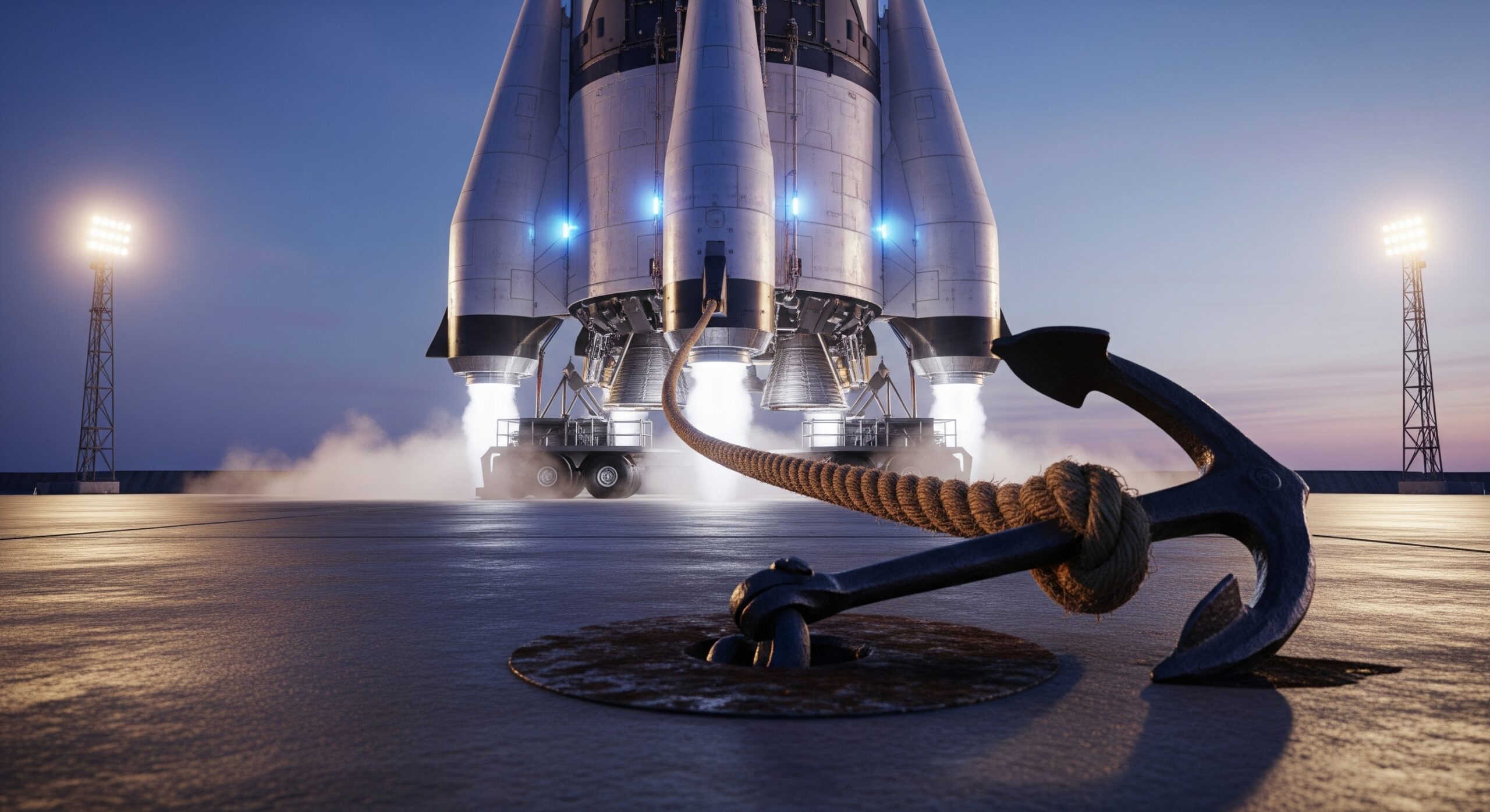 A rocket anchored to the ground, symbolizing held-back potential.
